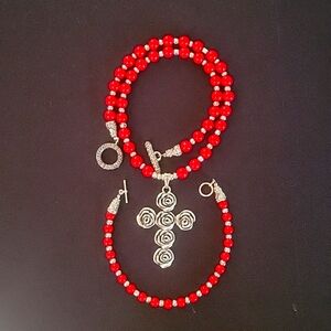 Handcrafted red coral and silver beaded necklace and bracelet set